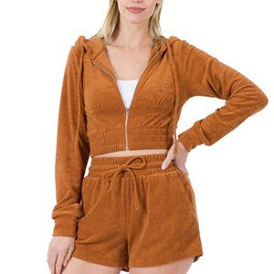 Almond Zip Up Cropped Hoodie & Shorts Set